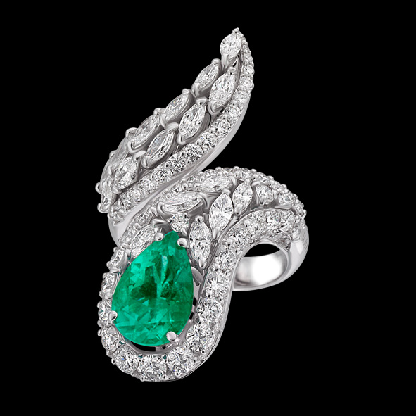 massimo raiteri jewellery jewelry gioielli anello ring diamond diamonds diamanti unique unici design faschion emerald smeraldo smeraldi goccia pear