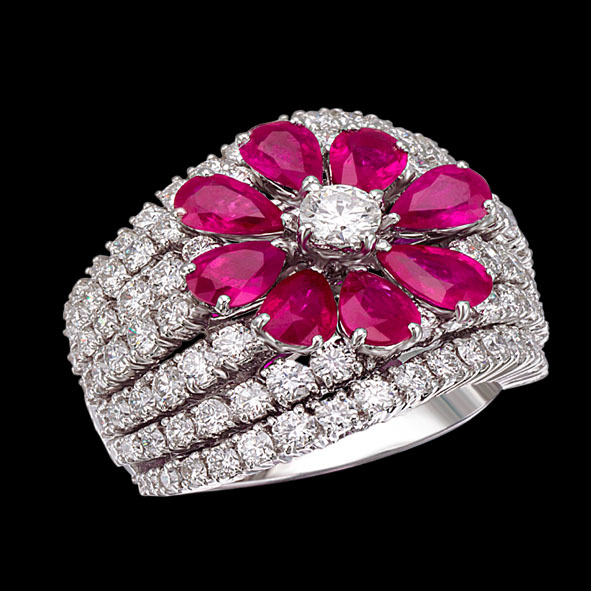 massimo raiteri jewellery gioielli anello ring ruby rubino rubini diamonds diamond diamanti diamante flower fiore goccia pear