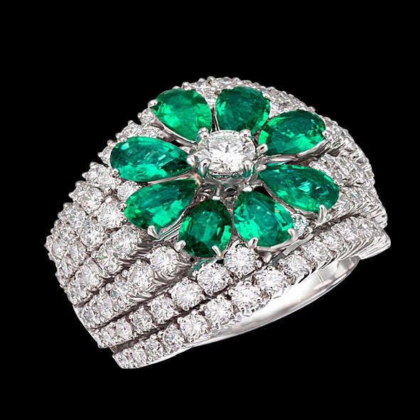 massimo raiteri jewellery gioielli anello emerald smeraldi colombia columbia ring diamonds diamond diamanti diamante flower fiore goccia pear