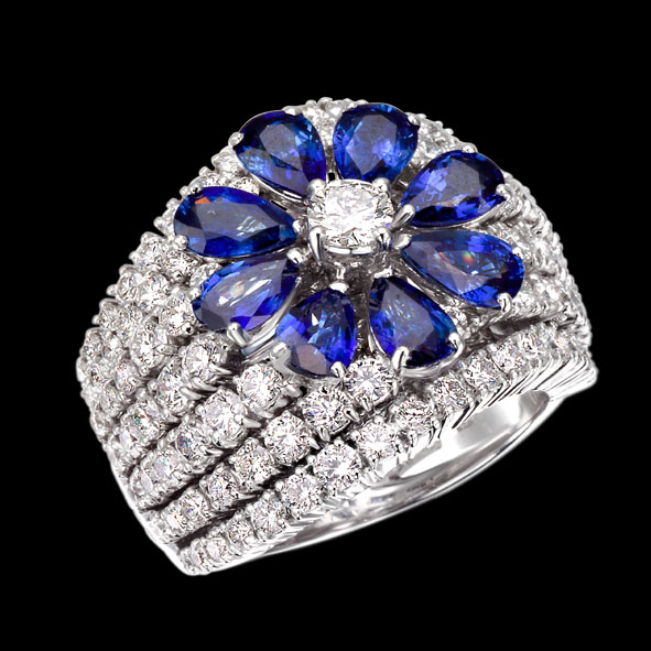 massimo raiteri jewellery gioielli anello sapphire zaffiro zaffiri blu blue ring diamonds diamond diamanti diamante flower fiore goccia pear